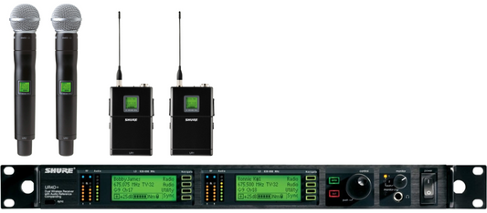 Shure UR4D+ G1 used package with dual receiver, UR1 beltpacks and UR2 SM58 handheld transmitters