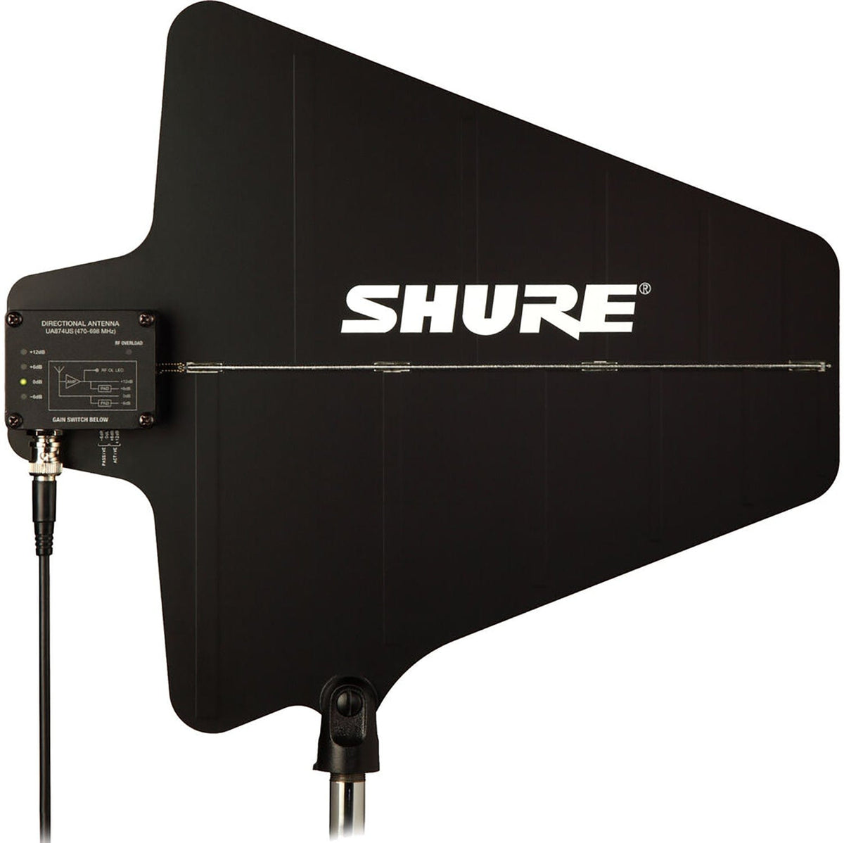 Shure UA874WB wideband active directional UHF antenna with 4-position gain switch, main product view