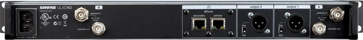 Shure ULXD4D-GV-J50A rear panel with Dante Ethernet and RF cascade ports