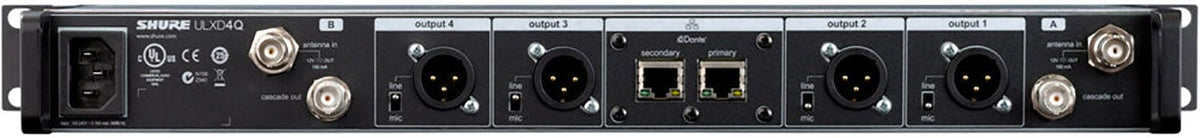 Shure ULXD4Q-GV-J50A rear panel with Dante Ethernet and RF cascade ports