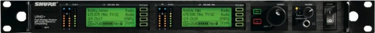 Shure UR4D+ H4 dual-channel diversity receiver, rack-mount front panel product view