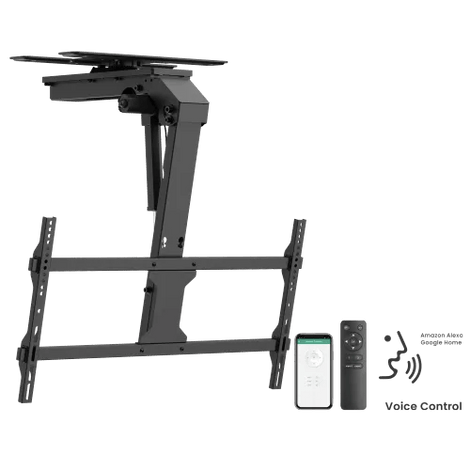 Side profile of the VSYS VCM-M0748DS smart motorized TV ceiling mount fully deployed at a 75-degree downward tilt, available for immediate B2B regional delivery in Dubai via Trianze Tech.