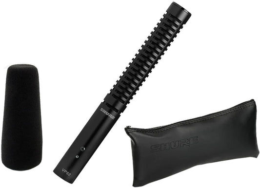 Shure VP82 short integrated shotgun microphone with zipper pouch and foam windscreen, main product view
