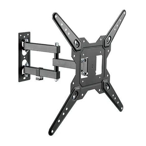 side view of the VSYS VS02E-443 full-motion TV wall mount fully extended, showing the dual-arm articulation and cable management, currently available for B2B dispatch in Dubai by Trianze Tech.