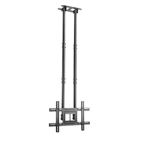 Side profile of the VSYS VCM-CE1046D-02 dual-pole commercial TV ceiling mount demonstrating its telescopic extension and 20-degree downward tilt, available for immediate B2B regional delivery in Dubai via Trianze Tech