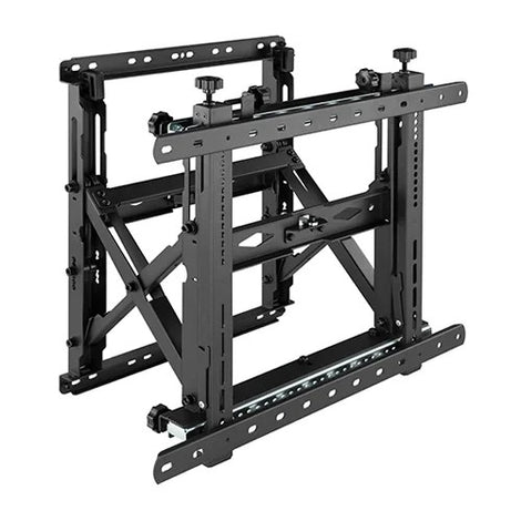 Detailed close-up of the effortless micro-adjustment knobs on the VSYS heavy-duty 70kg video wall bracket, highlighting the precision alignment hardware perfect for seamless 4K digital signage grids in DIFC boardrooms, distributed by Trianze Tech