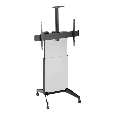 Side angle of the VSYS VTL18H-610TW motorized height-adjustable mobile TV cart showcasing its heavy-duty dual columns and 100mm shock-absorbing casters, currently in stock for immediate B2B regional delivery in Dubai via Trianze Tech.