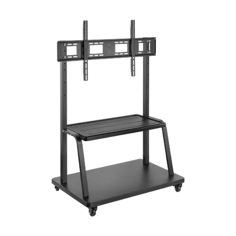 VSYS VTL-1035LE heavy-duty steel mobile cart holding a large 98-inch display, highlighting its reinforced base and premium locking casters, ready for immediate dispatch from Dubai.