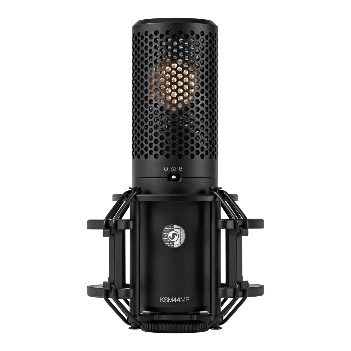 Shure KSM44MP multi-pattern condenser microphone in shock mount, front view