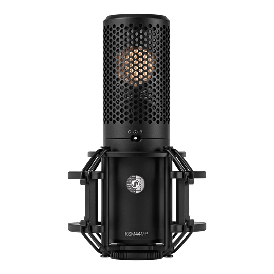 Shure KSM44MP multi-pattern condenser microphone in shock mount, front view