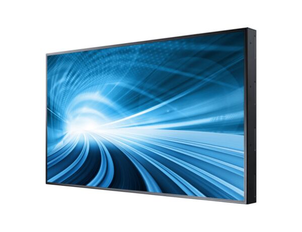 A high bright Samsung SL46B digital signage monitor installed inside a sunlit glass retail boutique window backdrop