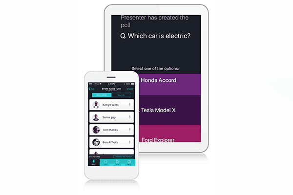Biamp Crowd Mics app shown on smartphone and tablet, used with the Crowd Mics ATOM interface
