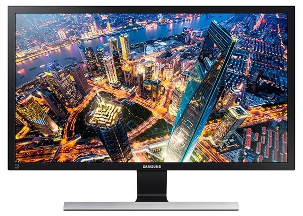Samsung 28 inch 4K UHD monitor featuring a premium high glossy black finish and T-shaped metallic stand. Professional desktop hardware available for corporate office fit-outs and bulk B2B procurement in Dubai and Abu Dhabi via trianzetech.ae.