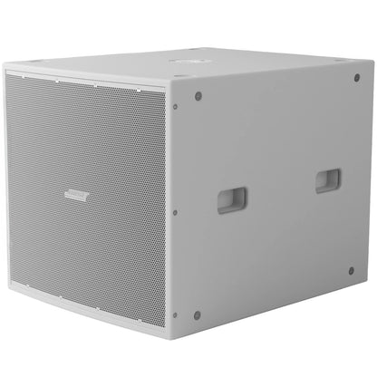 Bose ShowTime STS118E white 18 inch passive install subwoofer, angled view with perforated grille fitted