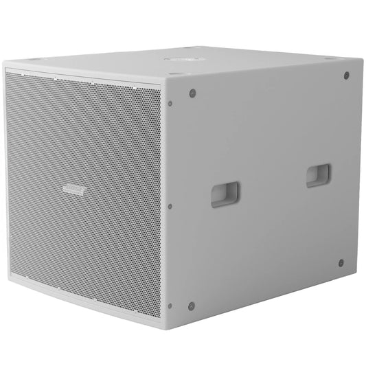 Bose ShowTime STS118E white 18 inch passive install subwoofer, angled view with perforated grille fitted