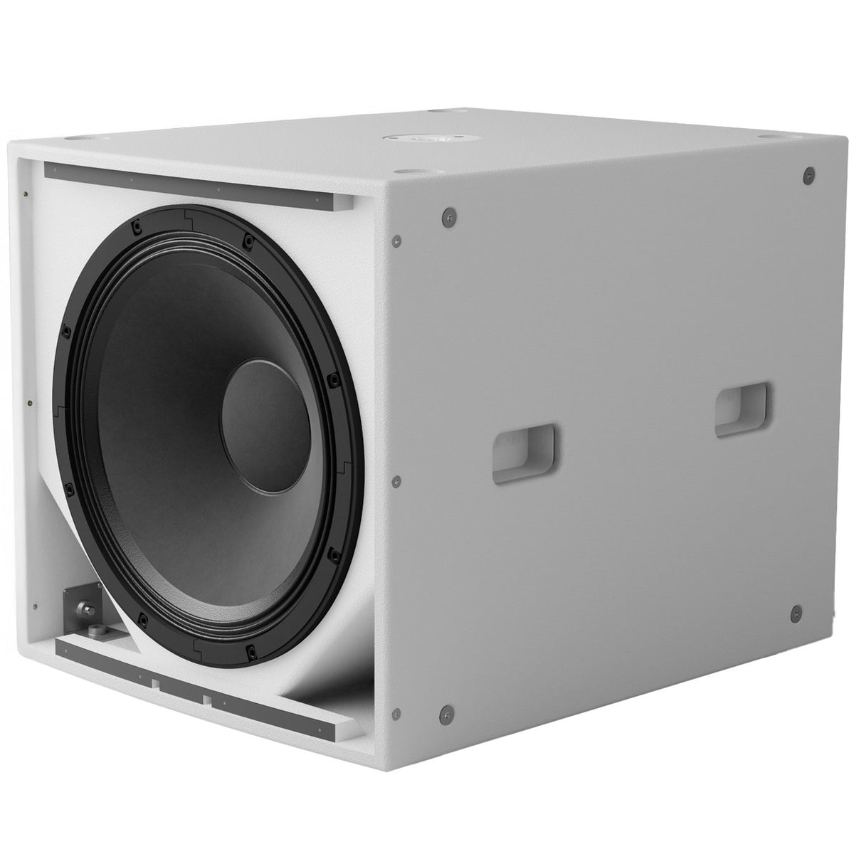 Bose ShowTime STS118E white IP55 subwoofer, angled view with grille removed showing the 18 inch woofer