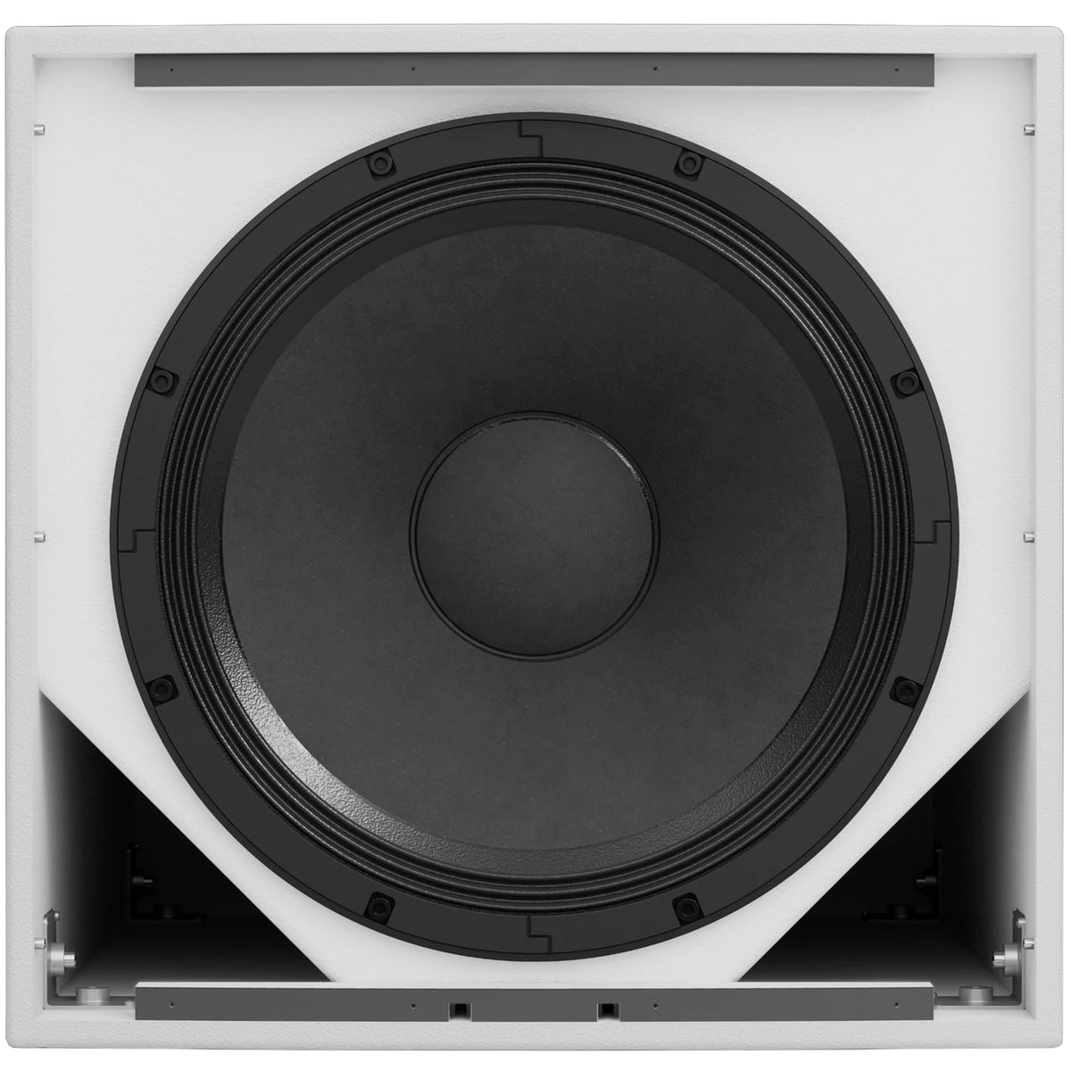 Bose ShowTime STS118E white subwoofer, front close-up of the 18 inch high excursion woofer without grille