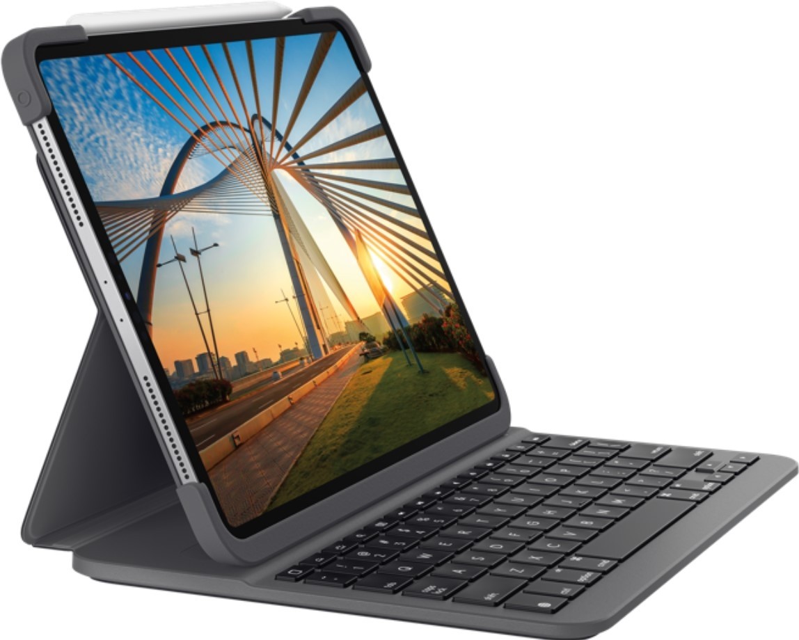 Logitech Slim Folio Pro graphite keyboard case attached to a 12.9 inch iPad Pro, front typing view