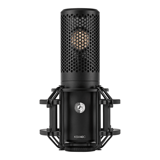 Shure KSM40C large diaphragm condenser microphone in shock mount, front view