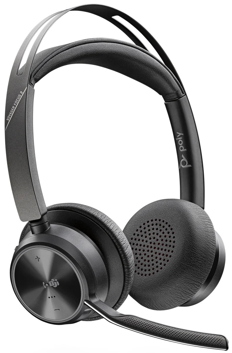 Poly Voyager Focus 2 headset boom microphone and ear cushion detail