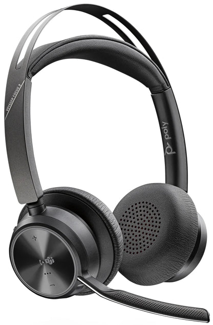 Poly Voyager Focus 2 headset boom microphone and ear cushion detail