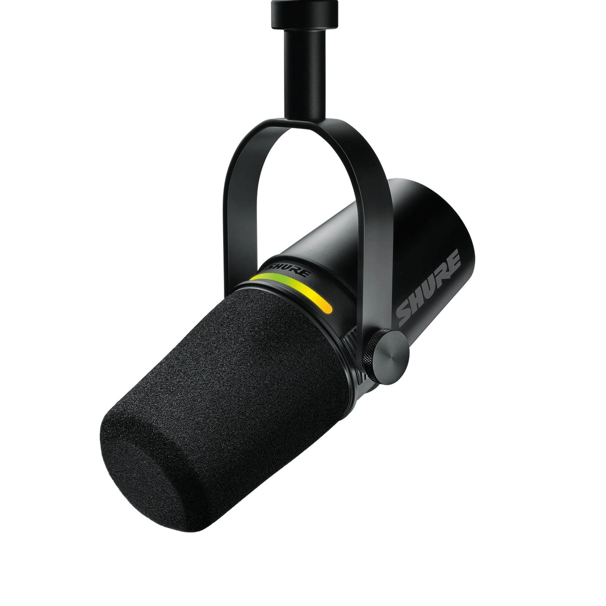 Shure MV7+ black podcast microphone on yoke with LED touch panel