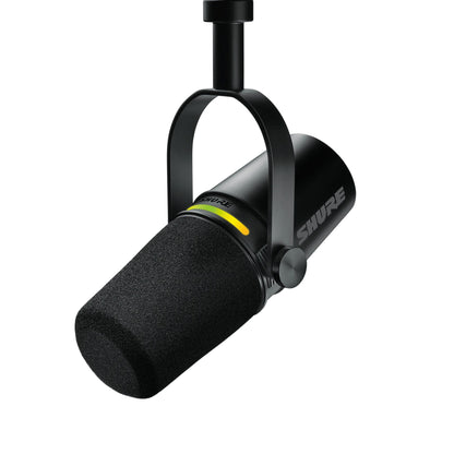 Shure MV7+ black podcast microphone on yoke with LED touch panel