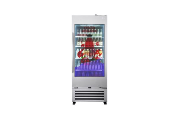 LG 49WEC cooler showing beverages through transparent panel