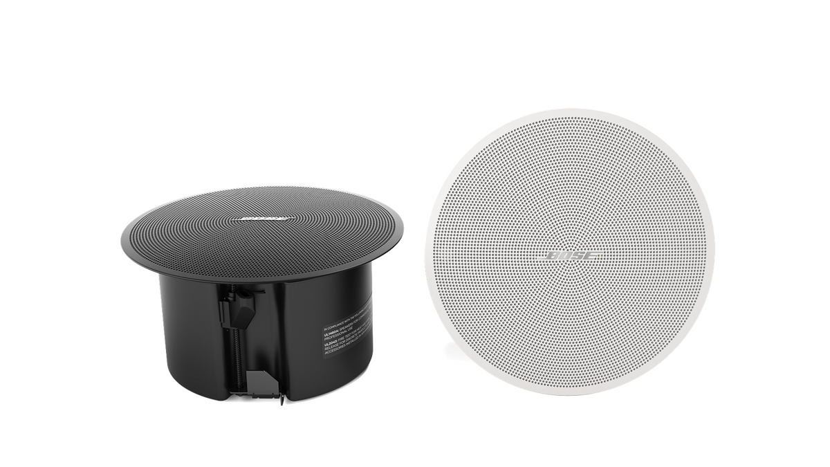 Bose DesignMax DM2C-LP black low profile in-ceiling loudspeaker, pair shown in black and white finishes