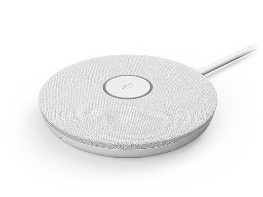 Logitech Rally Mic Pod in white with mute button and status indicator light, top view