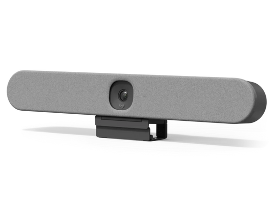 Logitech Rally Bar Huddle off-white fabric cover three quarter view