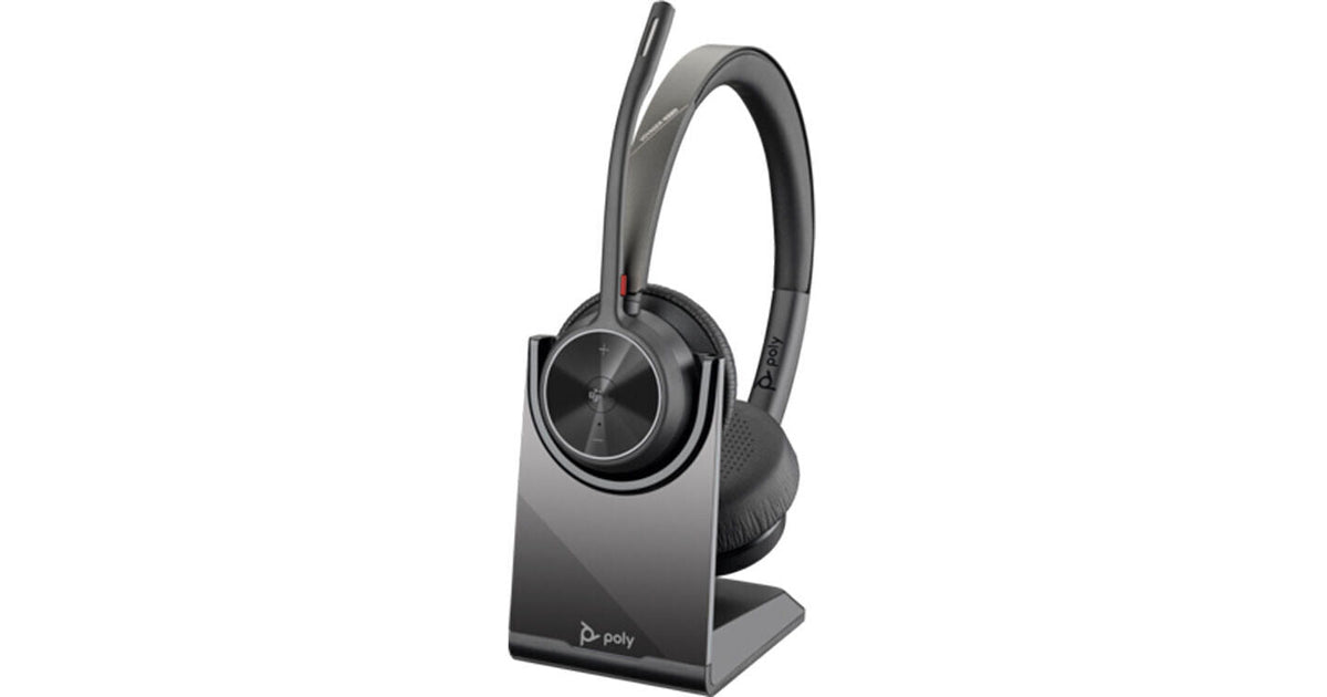Poly Voyager 4320 headset flip to mute boom microphone detail
