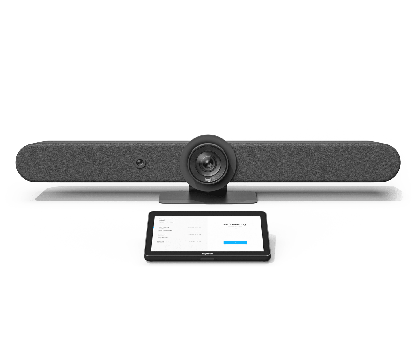 Logitech Rally Bar mounted below display in a meeting room