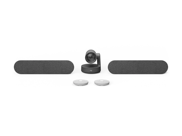 Logitech Rally Plus video conferencing system with dual speakers and mic pods