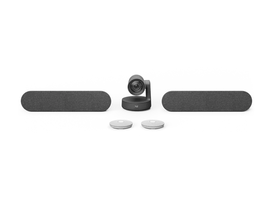 Logitech Rally Plus video conferencing system with dual speakers and mic pods