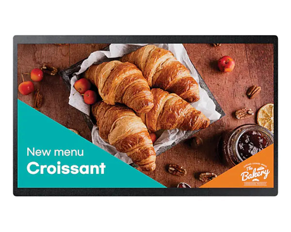 Samsung QB24C-E 24 inch Full HD smart signage display featuring a compact chassis and Tizen 7.0 Home UI. Professional hardware available for volume B2B procurement in Dubai and Abu Dhabi via Trianze Tech.