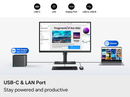Samsung ViewFinity S80HF 27 inch 5K monitor rear ports diagram showing USB-C and LAN connectivity