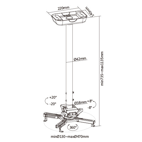 VSYS VPM-20-02L projector mount line drawing dimensions