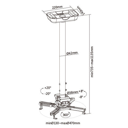 VSYS VPM-20-02L projector mount line drawing dimensions